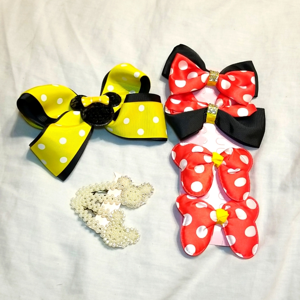 GIRLS MOUSE EARS 6' BOW WITH SEQUINS SET OF PEARL MOUSE CLIPS 4 BOWS - Picture 1 of 10